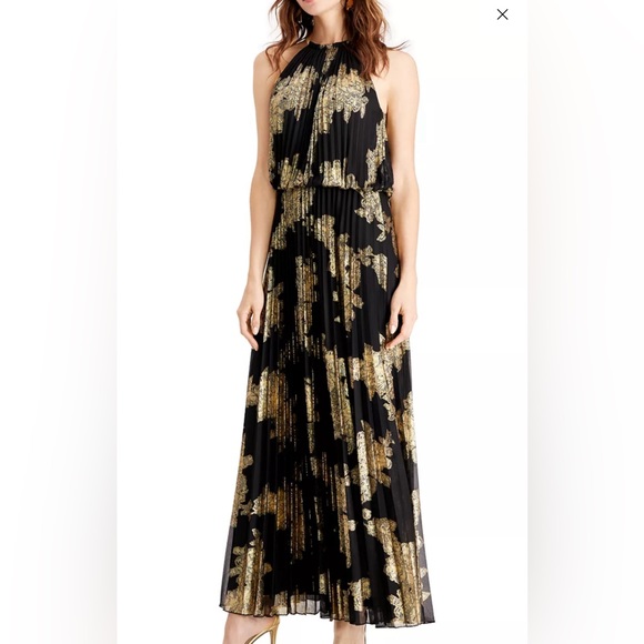 NWT MSK Metallic Print Pleated Blouson Gown Black Gold Sz 8 - Picture 14 of 15